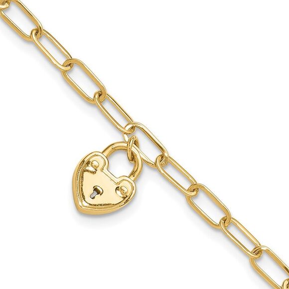 Kazi Luxury 14k Yellow Gold Polished Heart Lock Charm Paperclip Link Bracelet